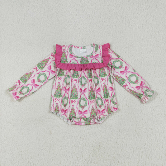 Baby Girl Long Ruffle Sleeves Trees Bows Ruffle Bubble Romper RTS