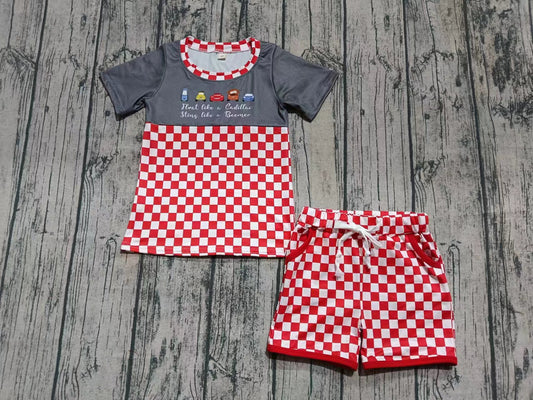 ( Moq 5 ) Baby Boy Short Sleeves Car Shirt Red Plaid Pockets Shorts Cartoon Set