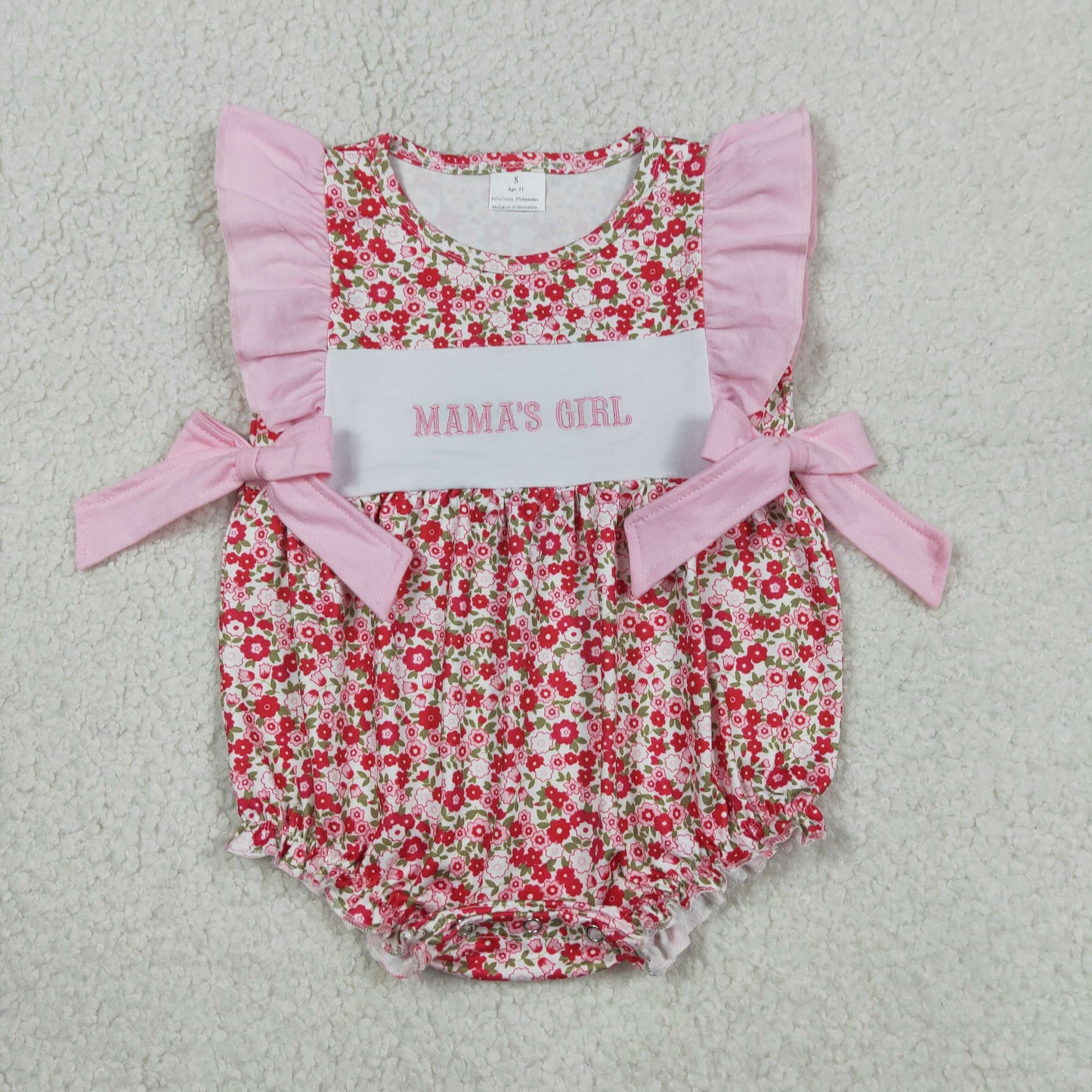 Baby Girls Kids Short Sleeves Embroidery Mama's Girl Flower Pink Bows Romper RTS