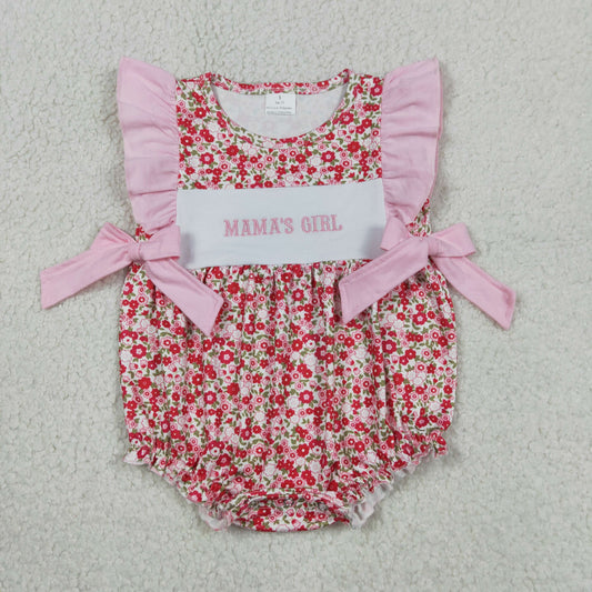 Baby Girls Kids Short Sleeves Embroidery Mama's Girl Flower Pink Bows Romper RTS