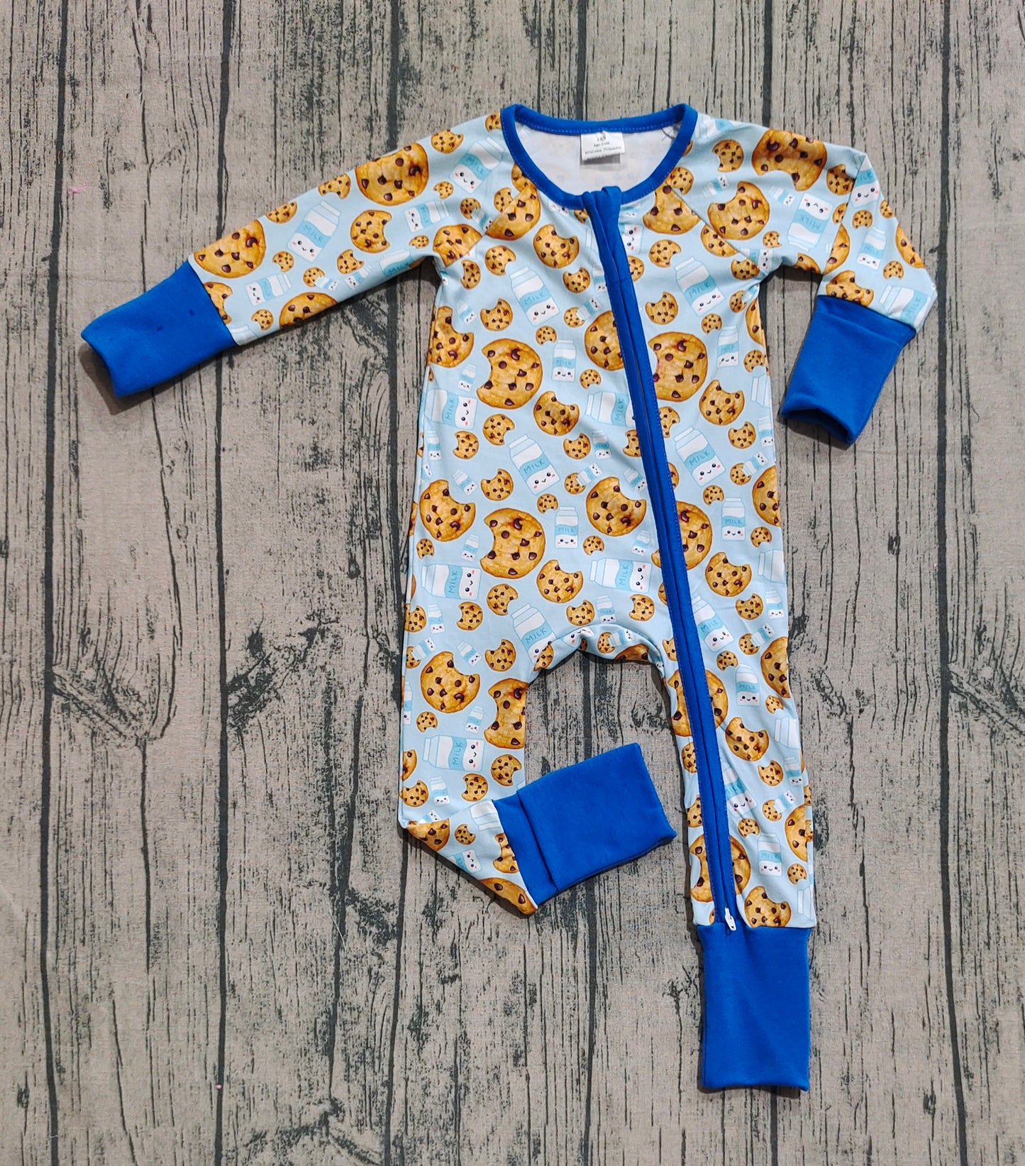Preorder Baby Boy Long Sleeves Cookies Milk Zipper Blue Romper( No moq )