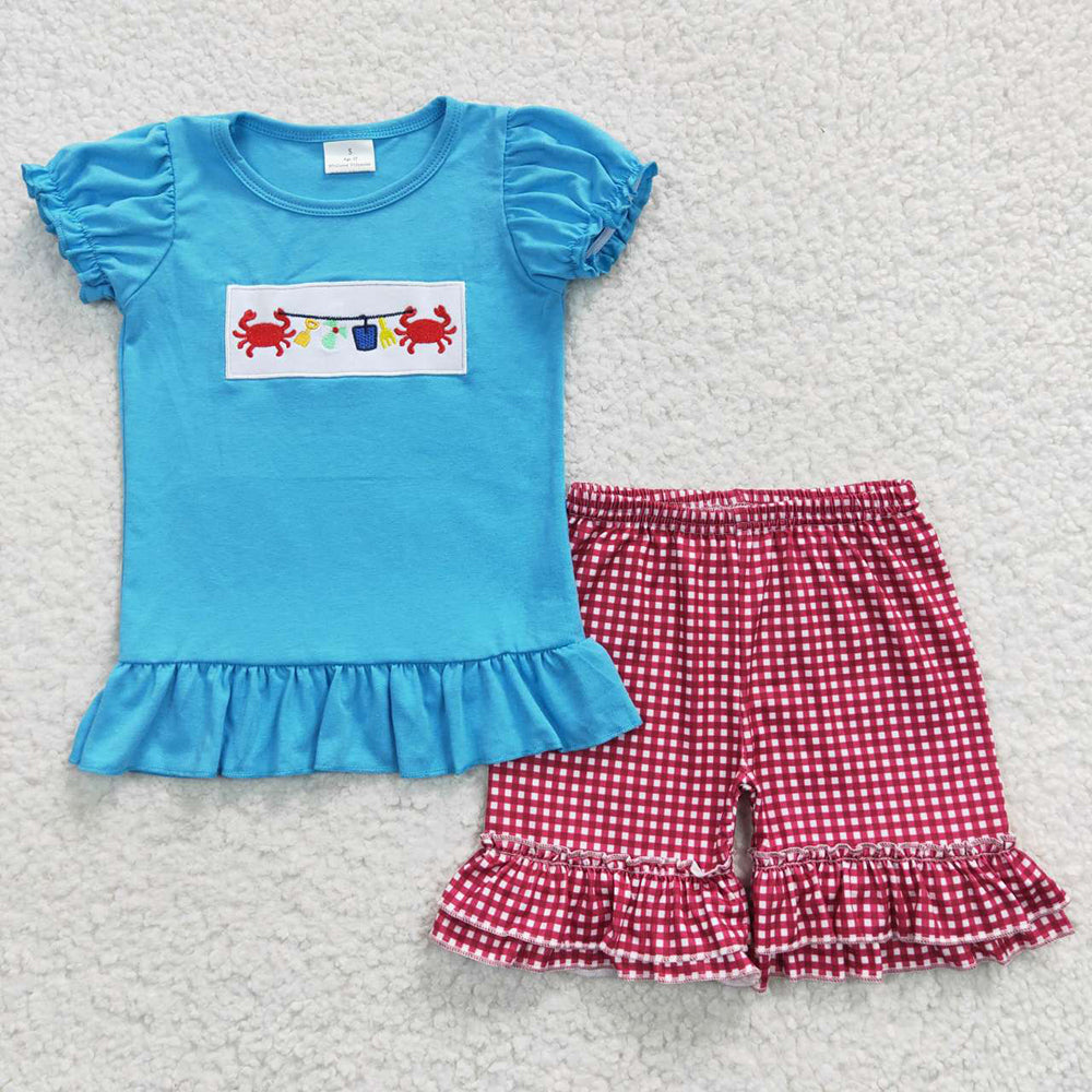 GSSO0274 Baby Girl Short Sleeves Crab Shirt Plaid Shorts Summer Embroidery Outfit