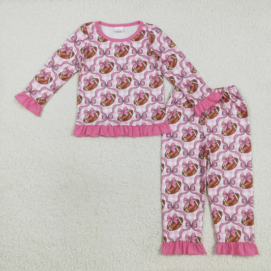 Baby Girl Long Sleeves Football Bows Pink Checked Shirt Pants Pajamas Set RTS