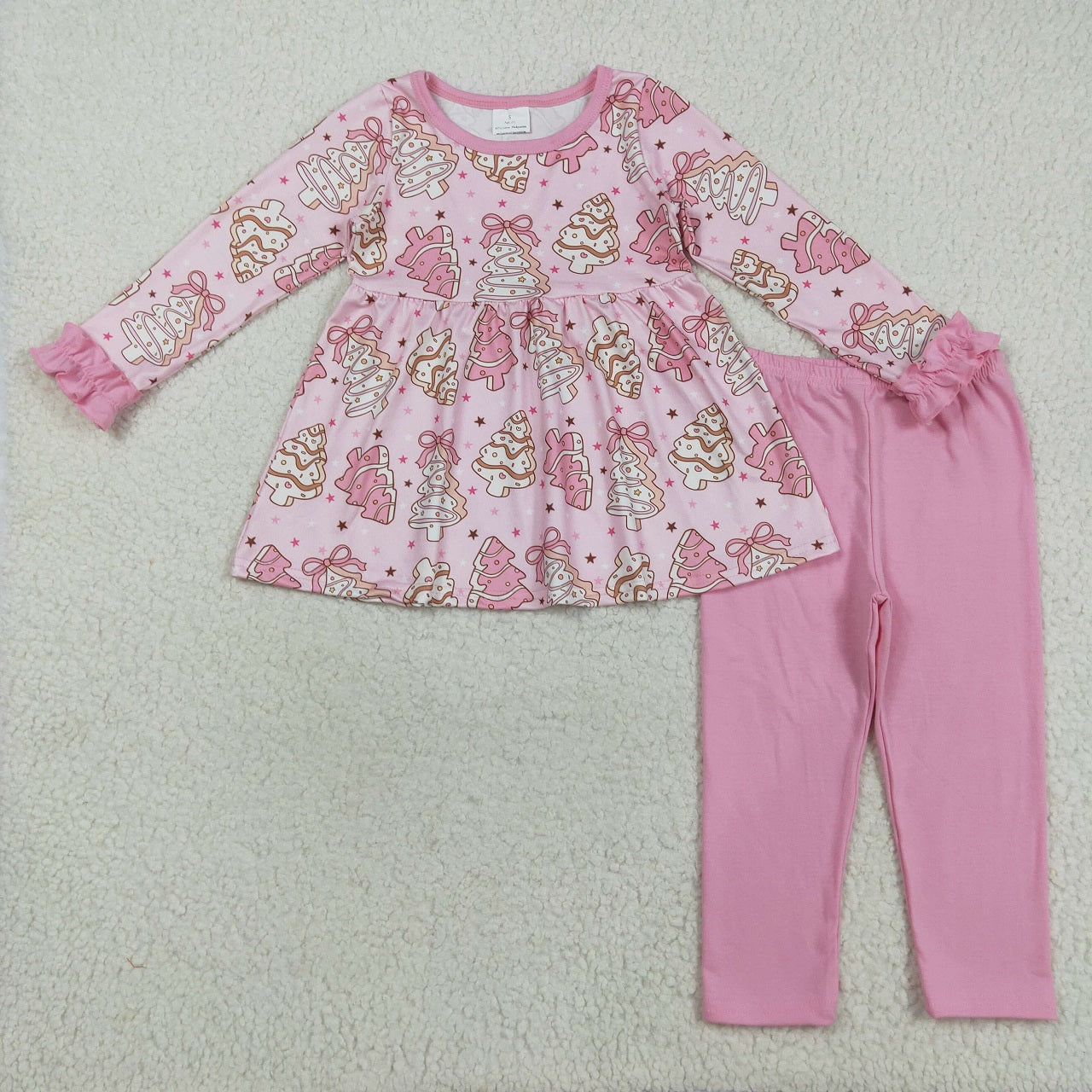 Kids Girls Long Sleeves Pink Cake Trees Sibling Christmas Dress Set Clothes RTS