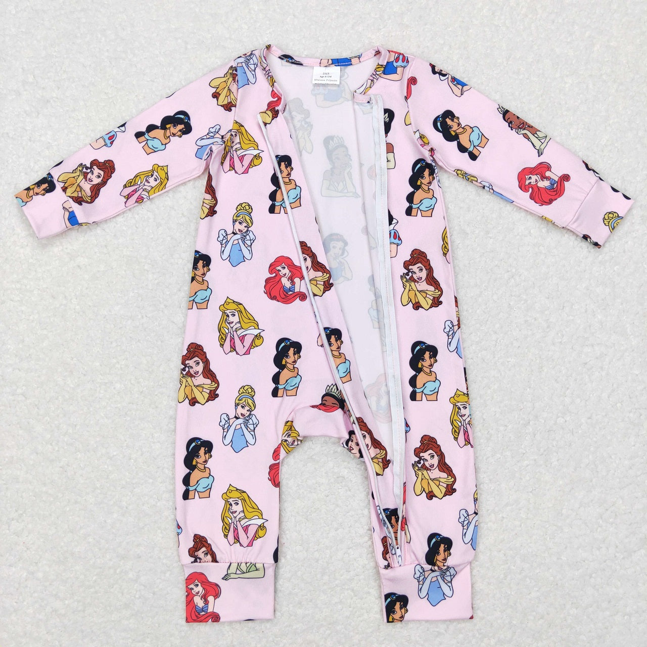 LR0800 Baby Girl Long Sleeves Princess One Piece Zipper Pink Romper