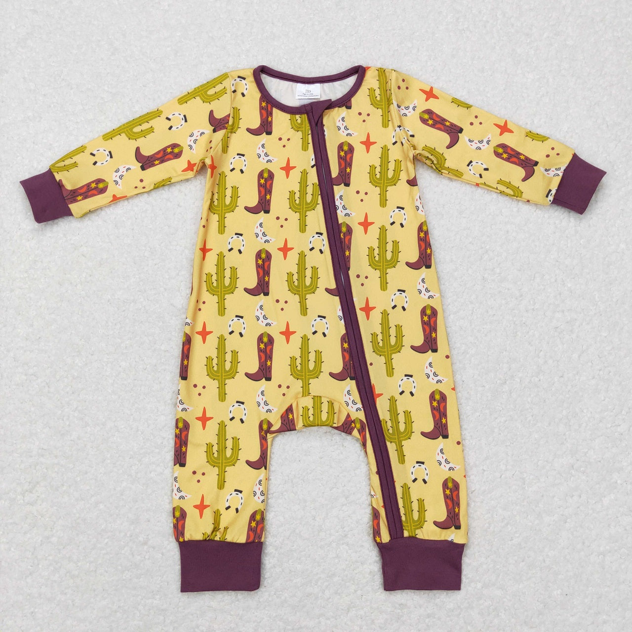 LR0766 Baby Girl Western Long Sleeves Cactus Boots Zipper One Piece Romper