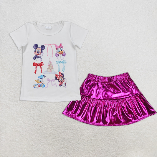 Baby Girl Short Sleeves Mouse Ducks Bows Shirt Purple Leather Skirt Clothes Set RTS