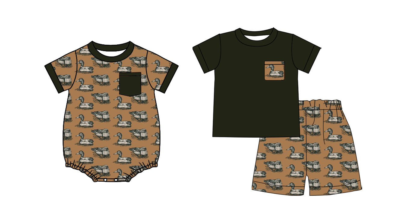 ( Moq 5 Each Style ) Sibling Baby Boys Kids Short Sleeves Ducks Shirt Shorts Pocket Set Romper