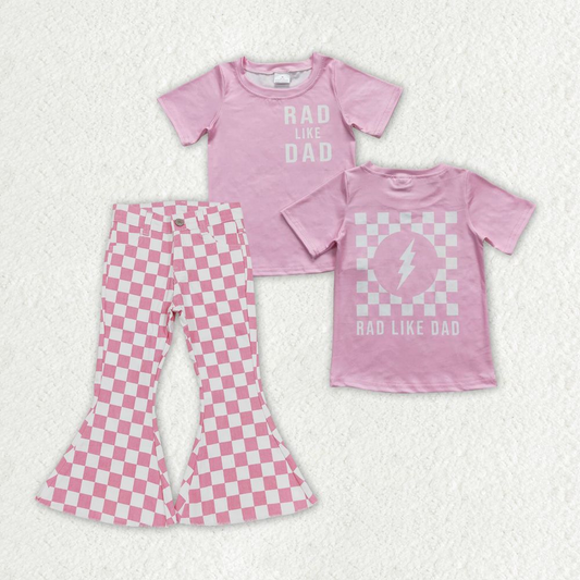 GSPO1409 Baby Girl Short Sleeves Dad Shirt Pink Checkered Denim Bell Pants Set