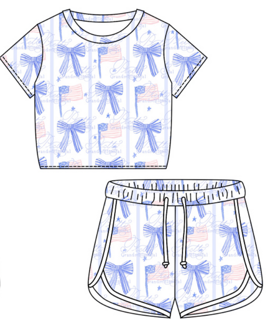 Baby Girl Short Sleeves Flag Bows Shirt Shorts July 4th Clothes Set Moq 5