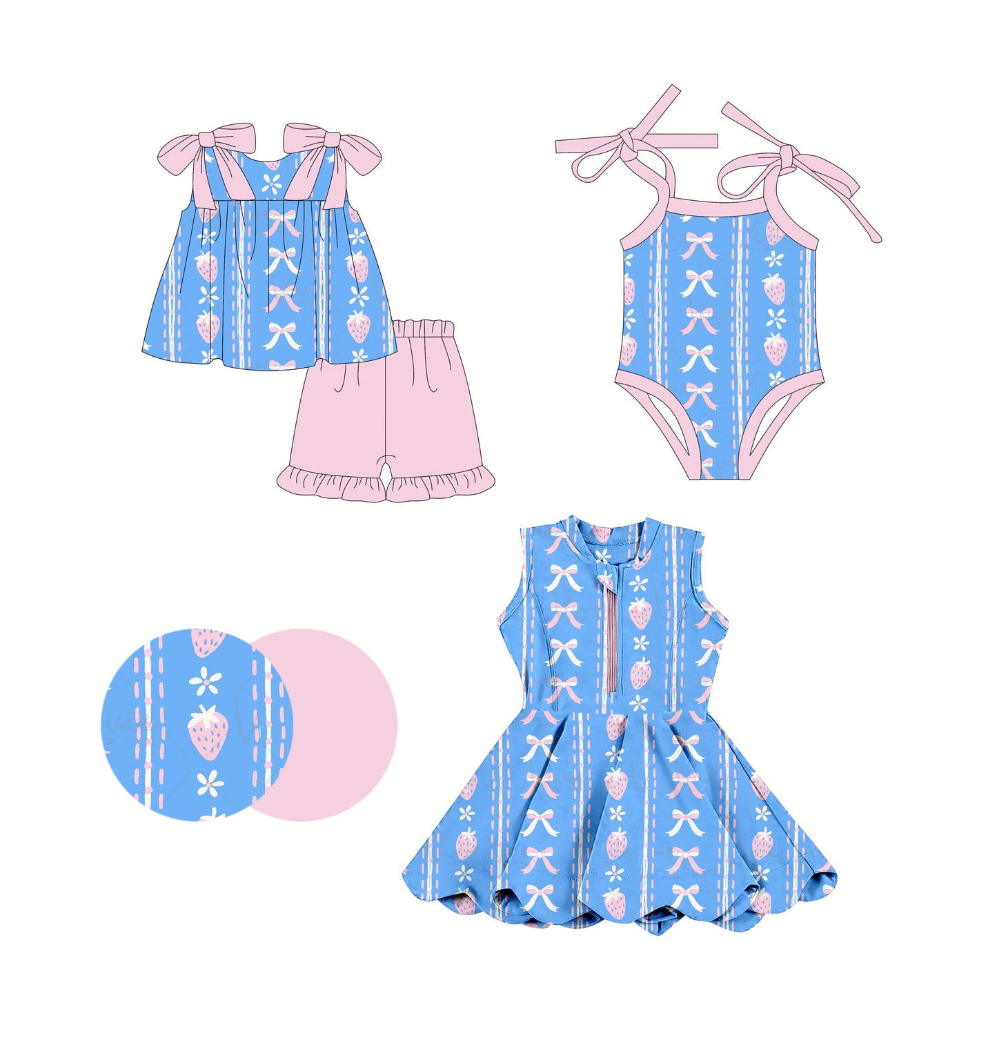 Baby Girl Straps Strawberry Bows Sibling Romper Dress Set ( Moq 5 Each Style ) 2.24