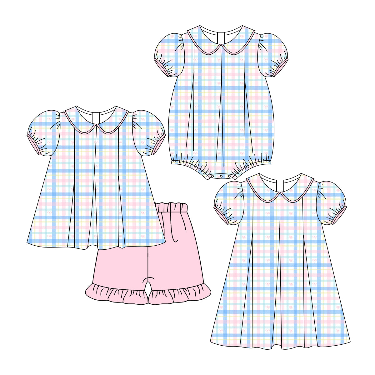 Baby Girl Short Sleeves Checked Sibling Romper Dress Set ( Moq 5 Each Style ) 3.7
