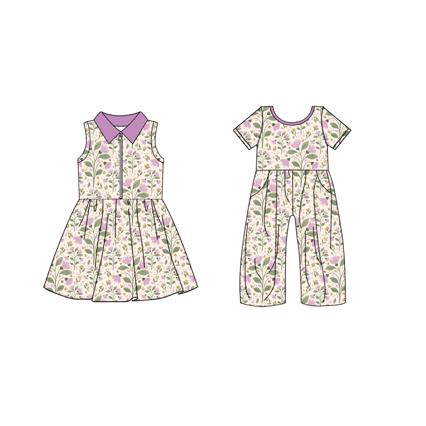 ( Moq 5 Each Style ) Baby Girl Purple Flower Sibling Dress Pockets Jumpsuit 4.25