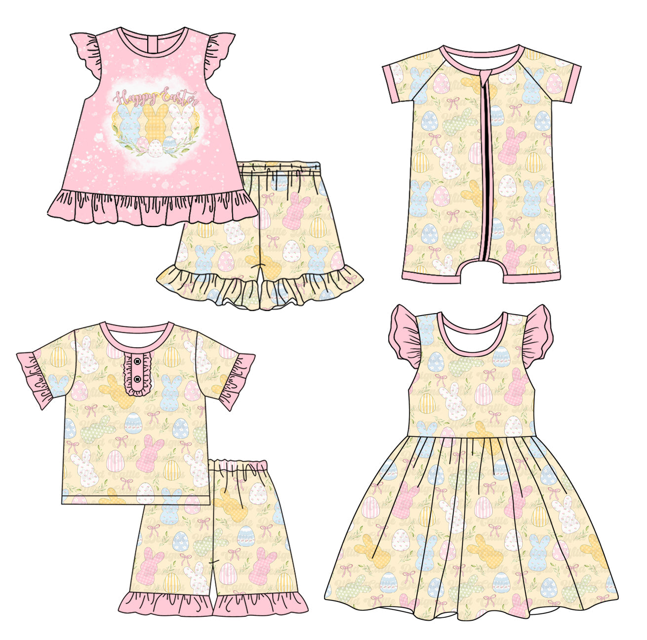 Baby Girl Easter Rabbits Eggs Bows Sibling Romper Dress Set ( Moq 5 Each Style ) 1.14