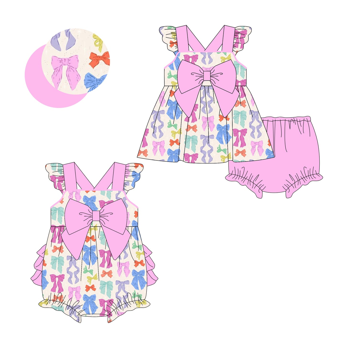 Baby Girl Short Sleeves Colorful Bows Sibling Romper Set ( Moq 5 Each Style ) 3.11