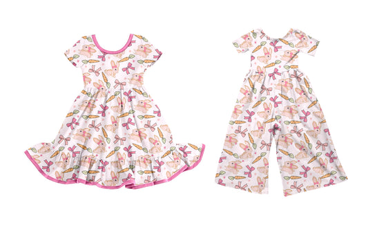 ( Moq 5 Each Style ) Girls Toddler Rabbits Carrot Bows Easter Sibling Dress Jumpsuit