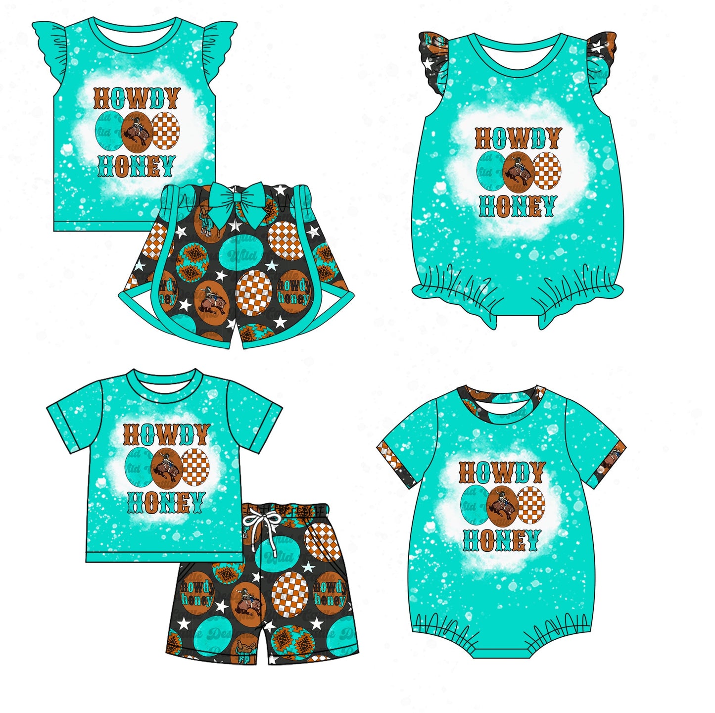 Baby Boy Girl Western Howdy Green Sibling Romper Set ( Moq 5 Each Style ) 1.11