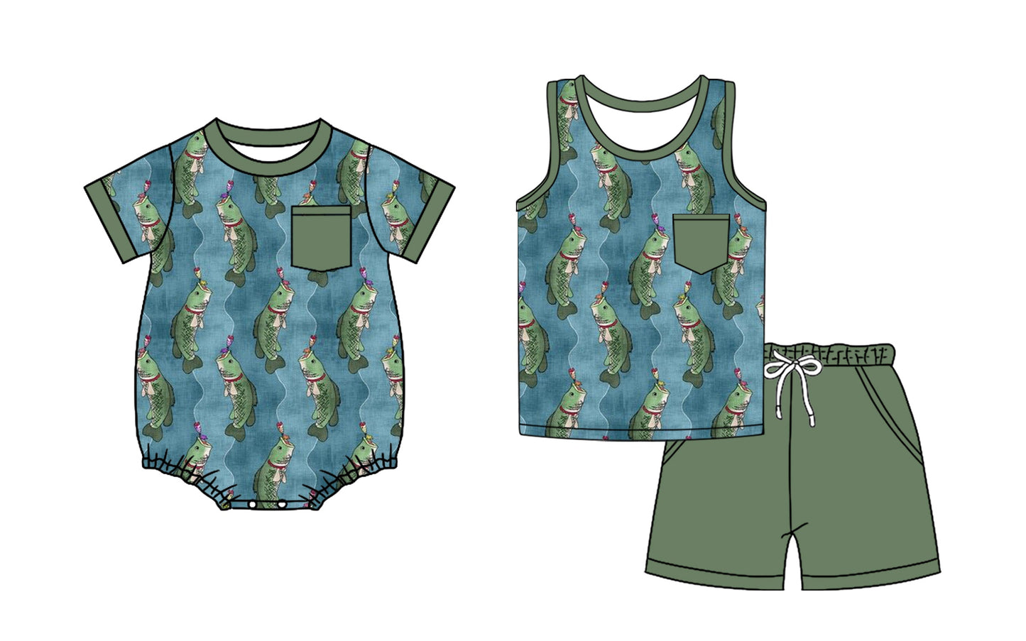 Baby Boy Fishing Green Sibling Romper Set ( Moq 5 Each Style ) 3.21