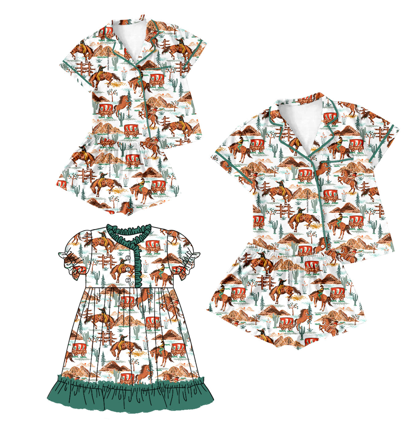 Baby Girl Toddler Adult Women Western Rodeo Sibling Family Dress Pajamas Set ( Moq 5 Each Style ) 12.25