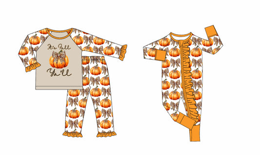 ( Moq 5 Each Style ) Baby Girl Toddler Pumpkins Bows Fall Sibling Romper Set
