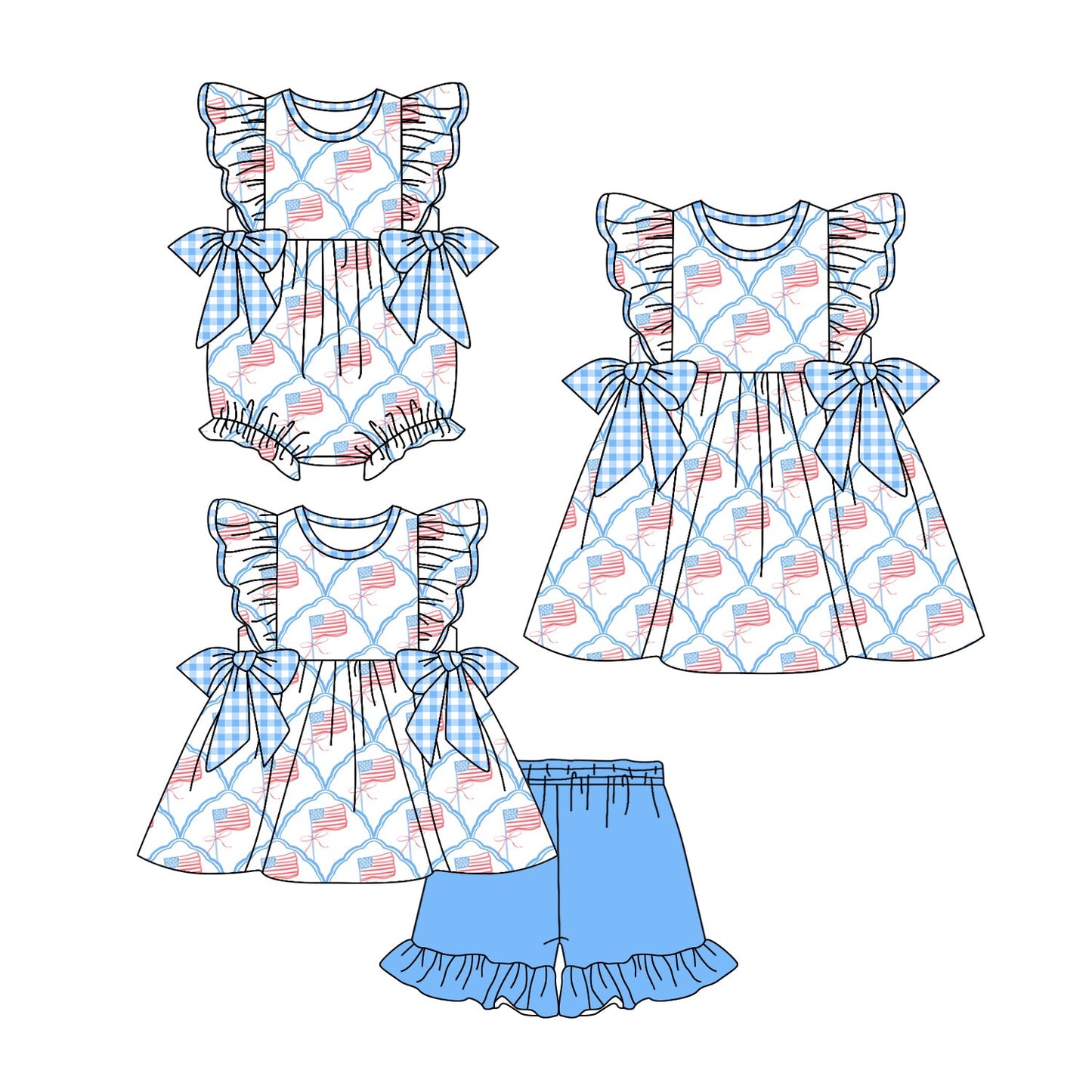 Baby Girl 4th Of July Flags Bows Sibling Romper Dress Set ( Moq 5 Each Style ) 4.1