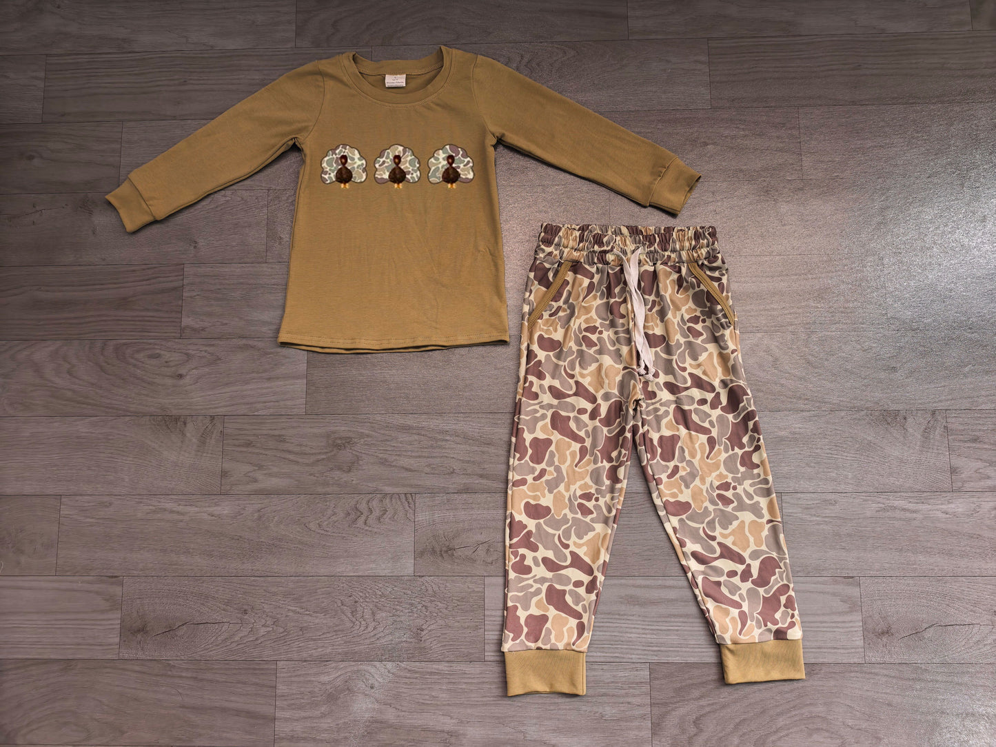 ( No moq ) Preorder Baby Boys Kids Embroidery Camo turkey Shirt Pockets Jogger Pants Fall Set