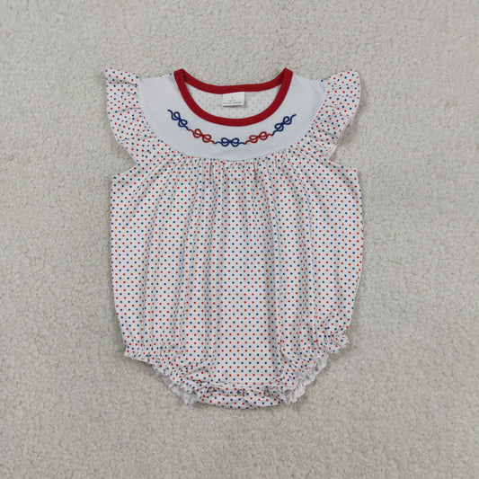 Baby Girls Kids Short Sleeves Embroidery Red Blue Bows Dots 4th of July Bubble Romper