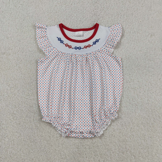 Baby Girls Short Sleeves Embroidery Red Blue Bows Dots 4th of July Bubble Romper RTS