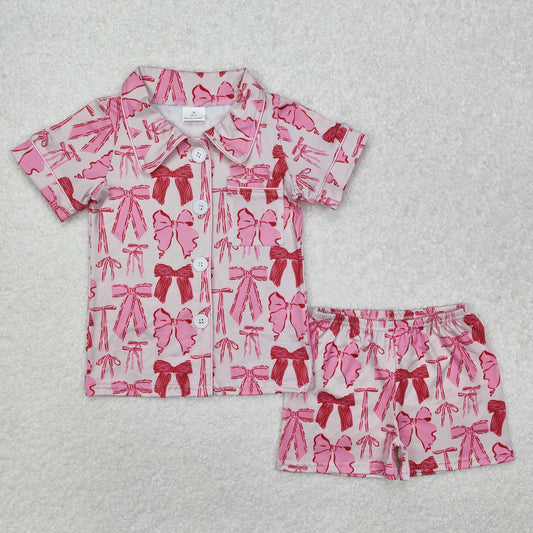 Baby Girl Kids Short Sleeves Bows Pocket Buttons Shirt Shorts Pink Pajamas Set