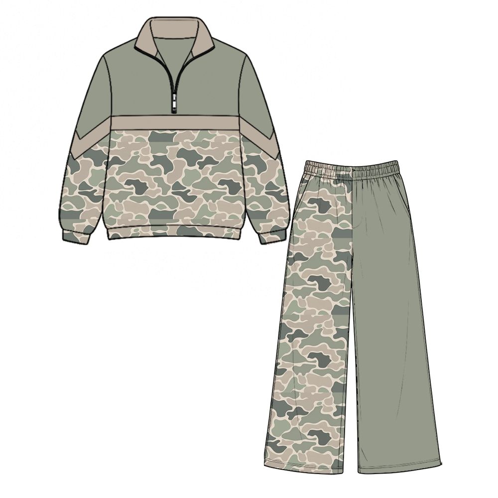 ( Moq 5 ) Preorder Baby Girls Kids Long Sleeves Zipper Camo Pullover Pockets Pants Set Clothes