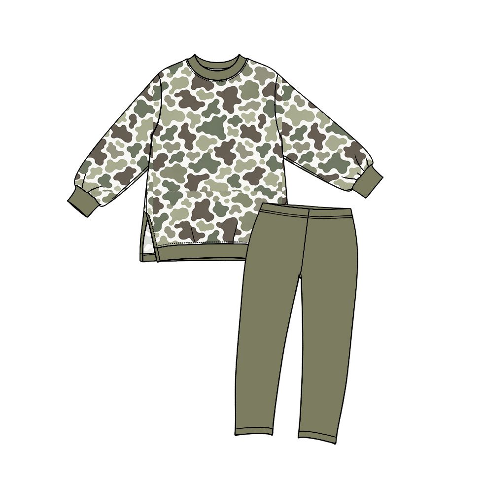 ( Moq 5 ) Preorder Baby Girls Kids Long Sleeves Camo Tops Olive Leggings Set Yoga Active Clothes