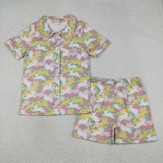 Adult Women Short Sleeves Rabbits Camo Shirt Short Easter Pajamas Buttons Set RTS