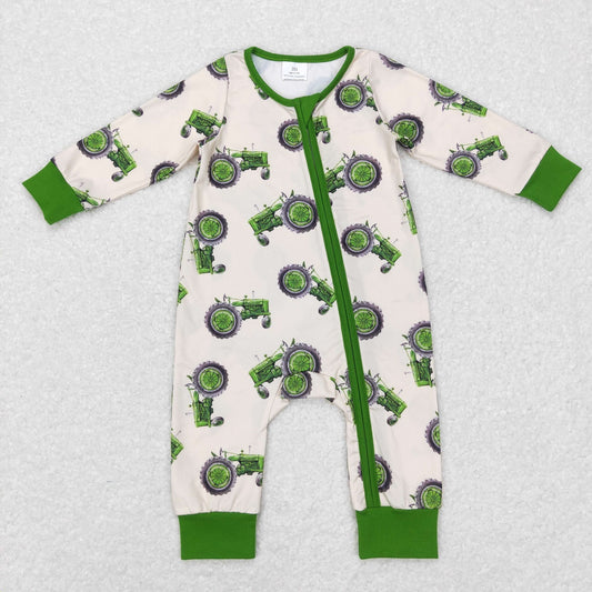 LR0717 Baby Boy Long Sleeves Tractor Farm Zipper One Piece Romper