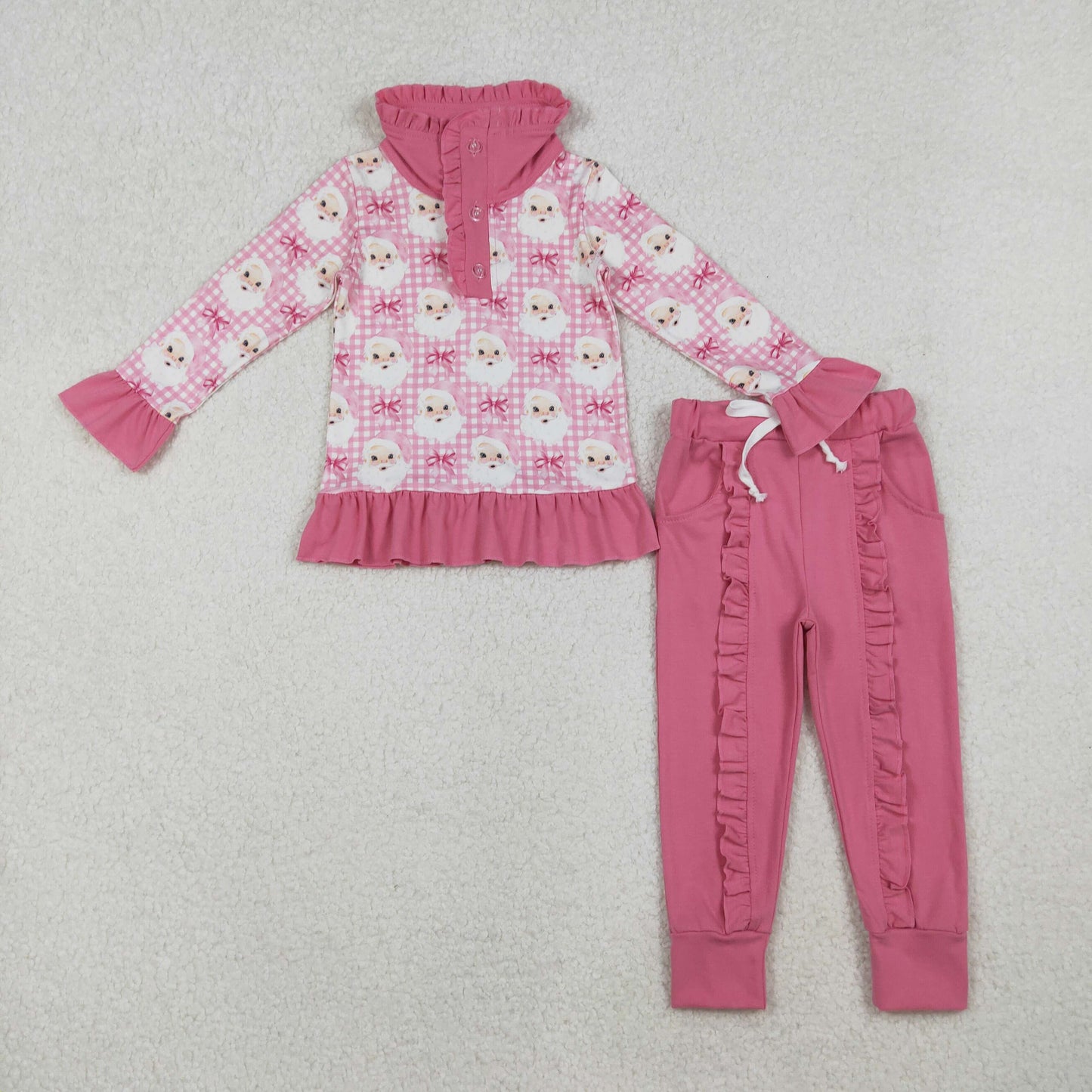 Girls Kids Long Sleeves Santa Christmas Shirt Pink Ruffle Pants Set RTS