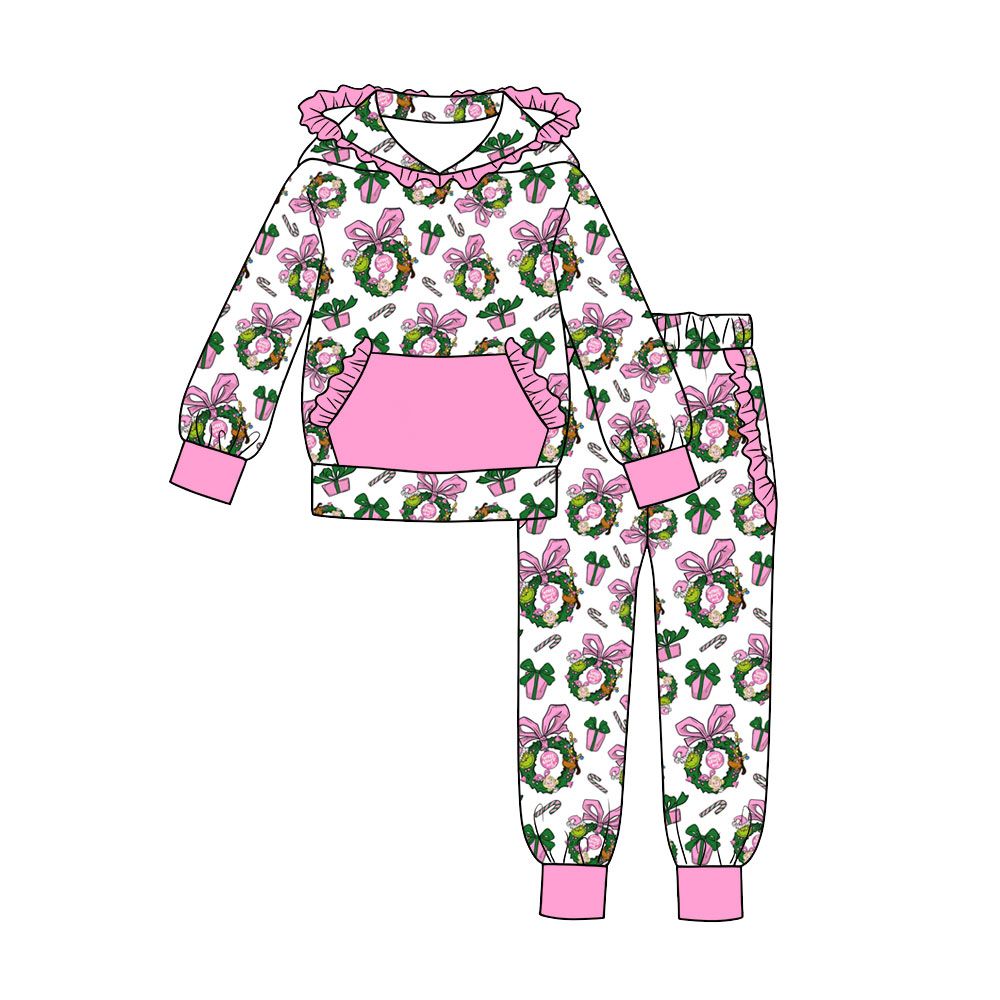 ( Moq 5 ) Preorder Baby Girls Kids Christmas Green Face Bows Hoodie Pullover Ruffle Pockets Pants Set Clothes