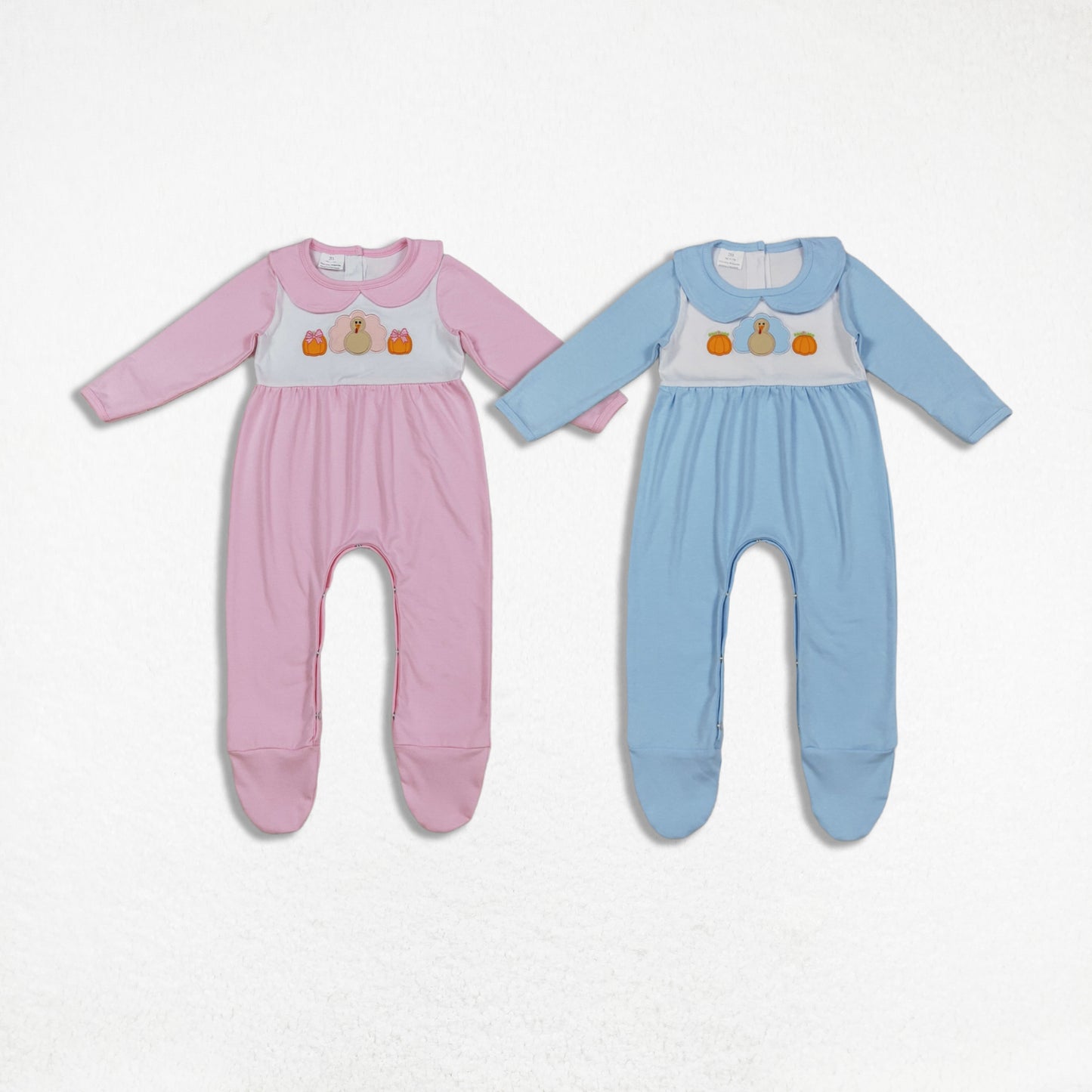 Sibling Boys Girls Infant Long Sleeves Embroidery turkey Pumpkins Thanksgiving Footies Romper RTS