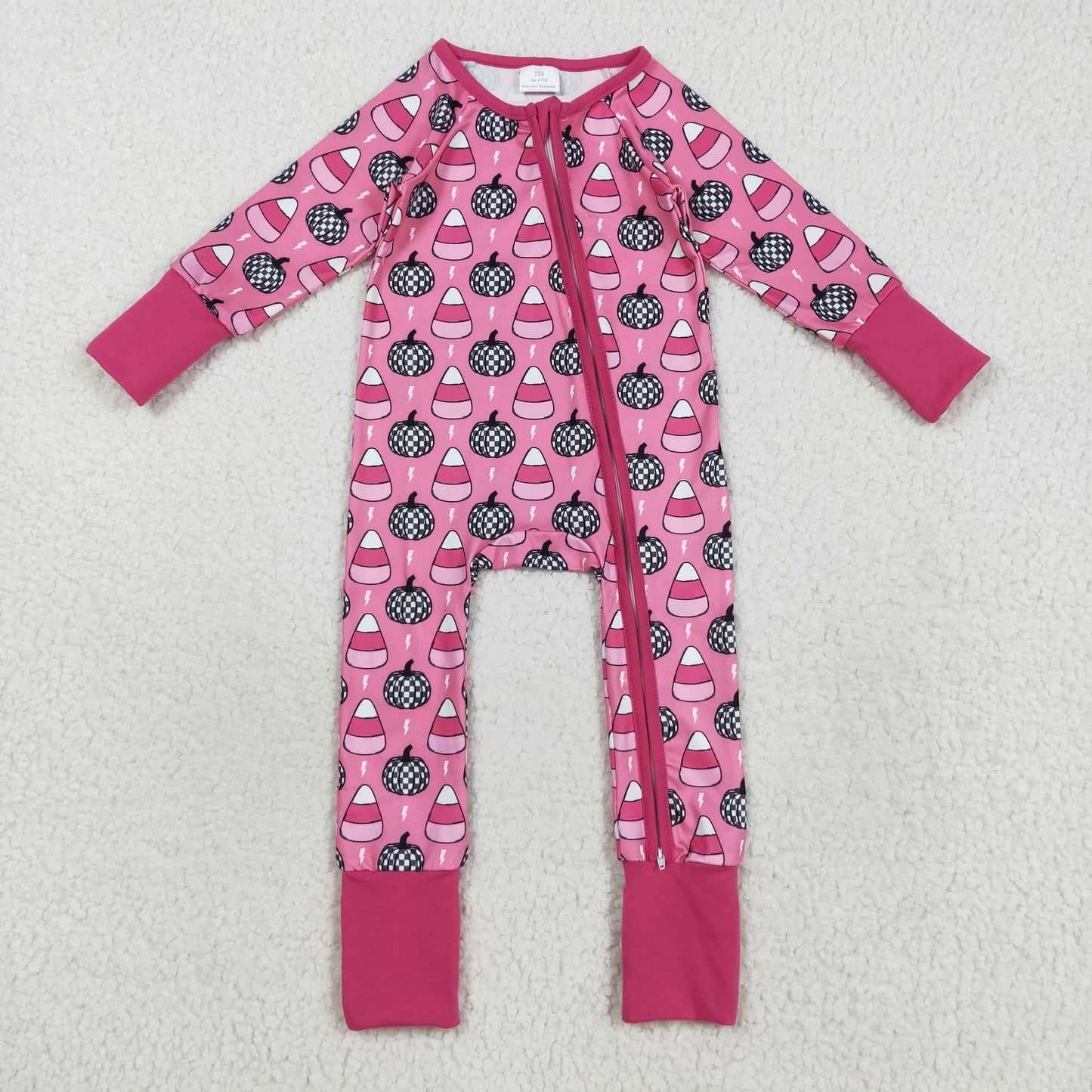 Baby Girl Long Sleeves Pumpkins Candy Corn Zipper Halloween Pink Romper RTS