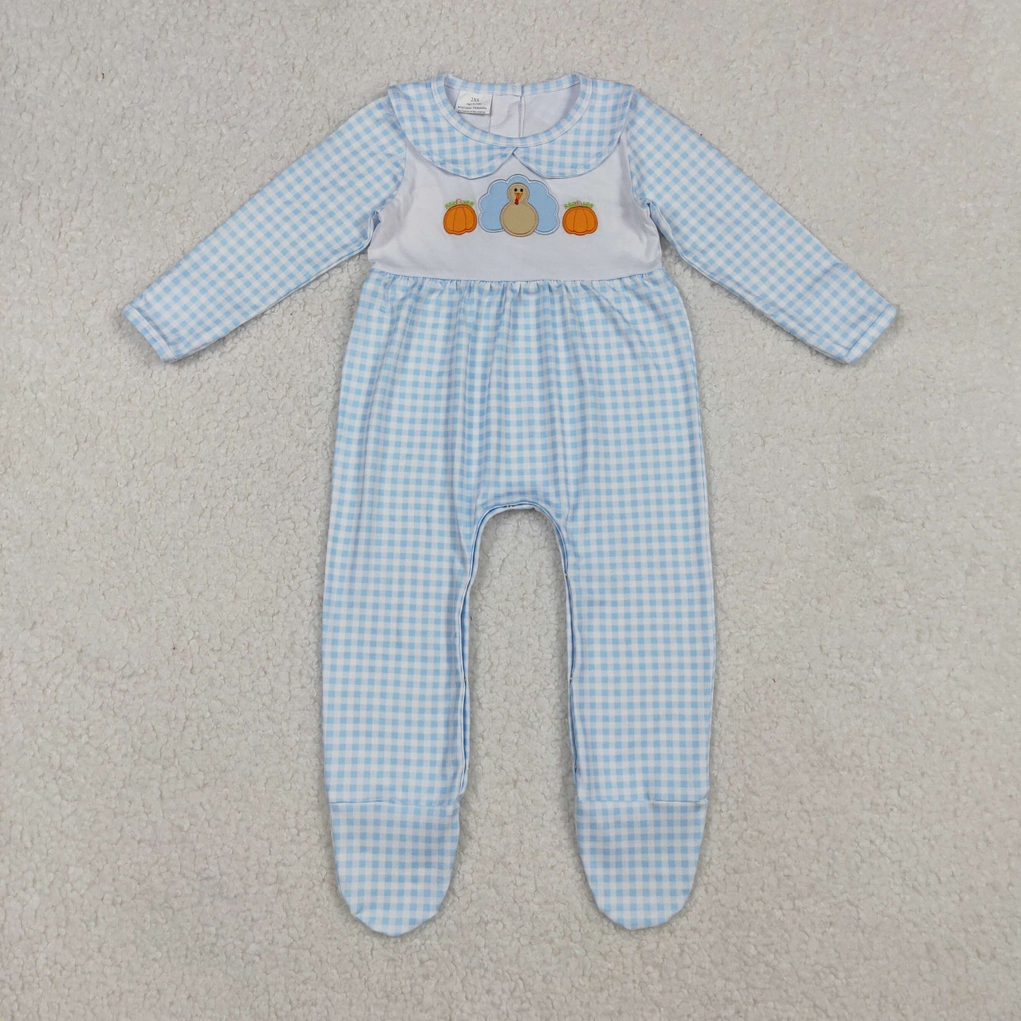 Sibling Boys Girls Infant Long Sleeves Embroidery turkey Pumpkins Thanksgiving Footies Romper RTS