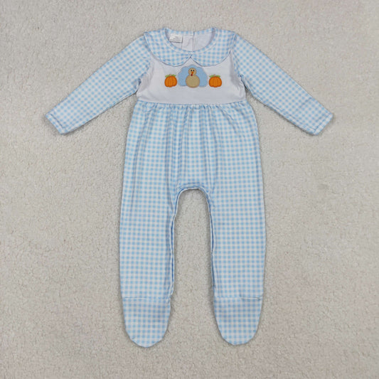 Baby Boy Long Sleeves Embroidery turkey Pumpkins Blue Plaid Thanksgiving Footies Romper RTS