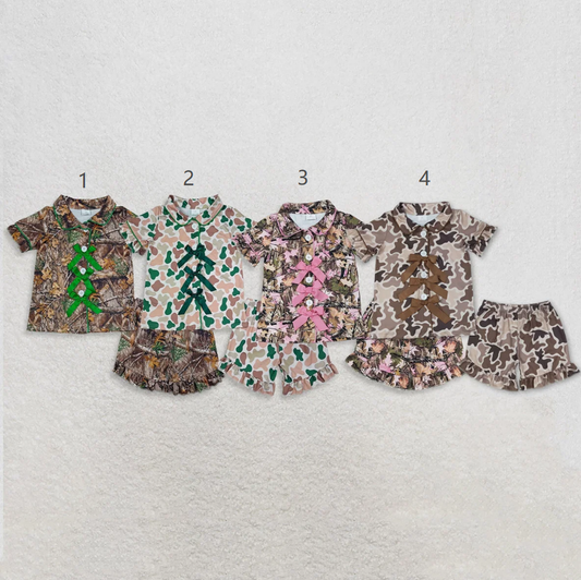 Sibling Baby Girls Kids Bows Buttons Shirts Camo Ruffle Shorts Hunting Pajamas Sets RTS