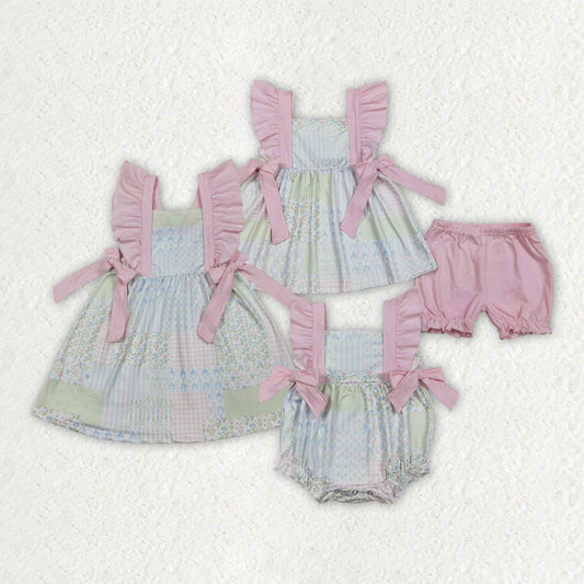 Sibling Baby Girls Kids Short Sleeves Floral Pink Bows Summer Bubble Romper Dress RTS