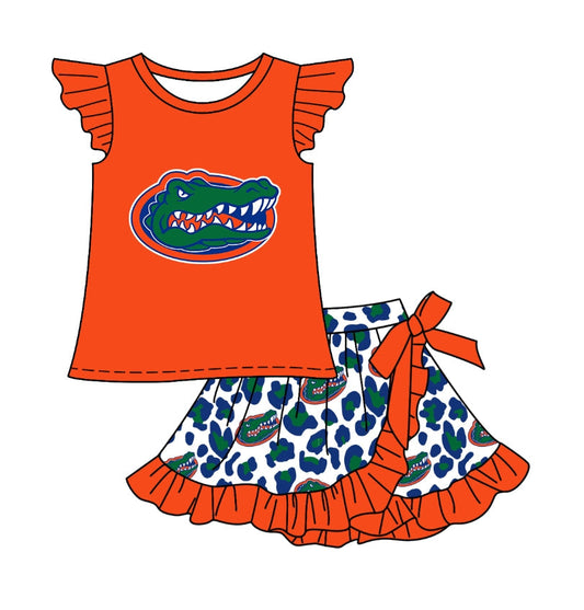 Baby Girl Short Sleeves Team Shirt Ruffle Leopard Shorts Skirt Skort Clothes Set ( Moq 5 )