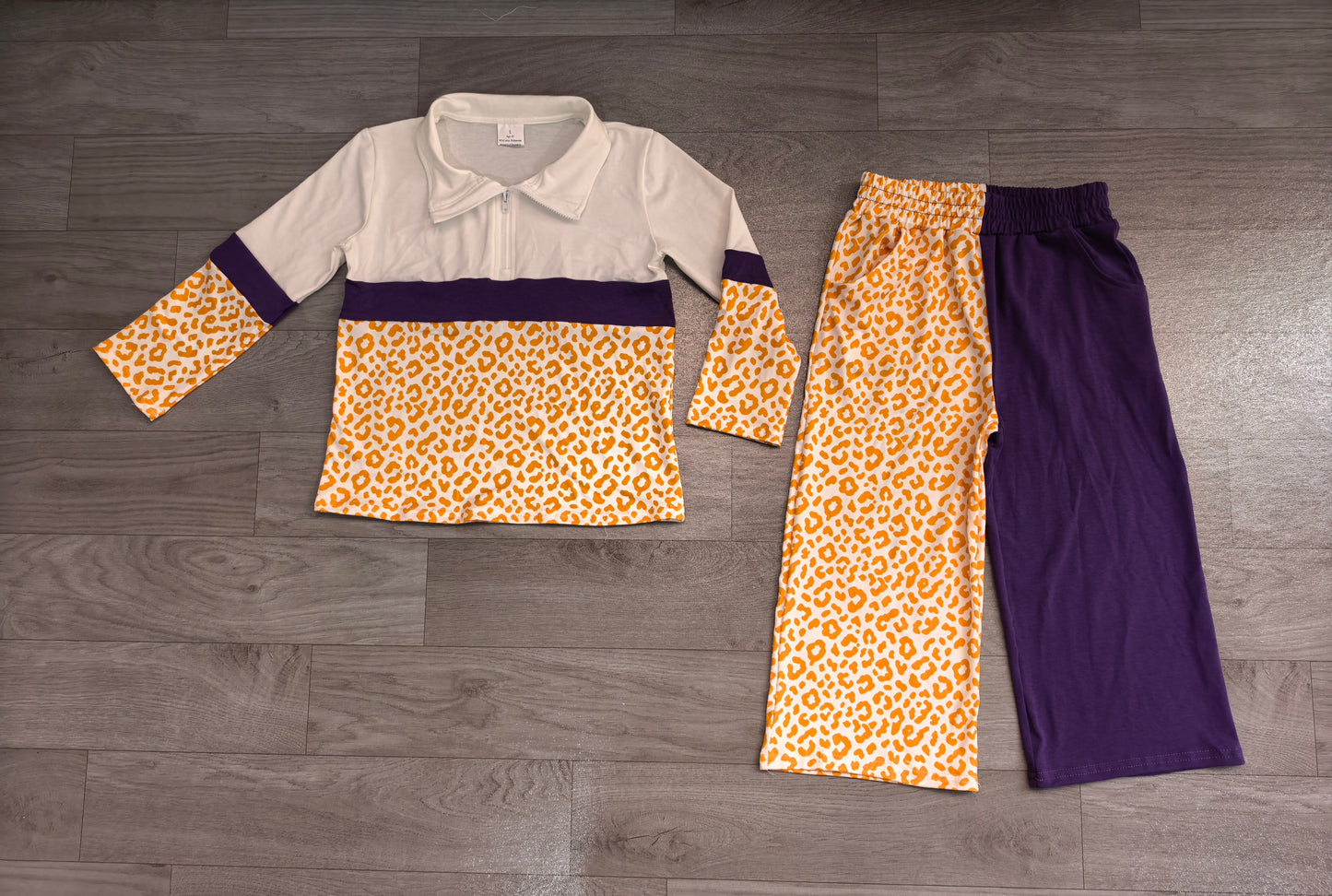 ( No moq ) Preorder Baby Girls Kids Long Sleeves Zipper Pullover Leopard Purple Pants Set Clothes