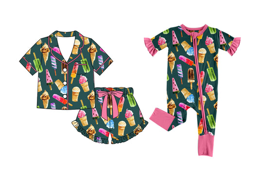 ( Moq 5 Each Style ) Baby Girls Kids Toddler Short Sleeves Popsicle Sibling Zipper Romper Pajamas Set