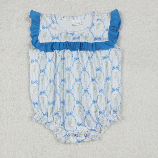Baby Girl Infant Short Sleeves Blue Bows Flower Bubble Romper RTS