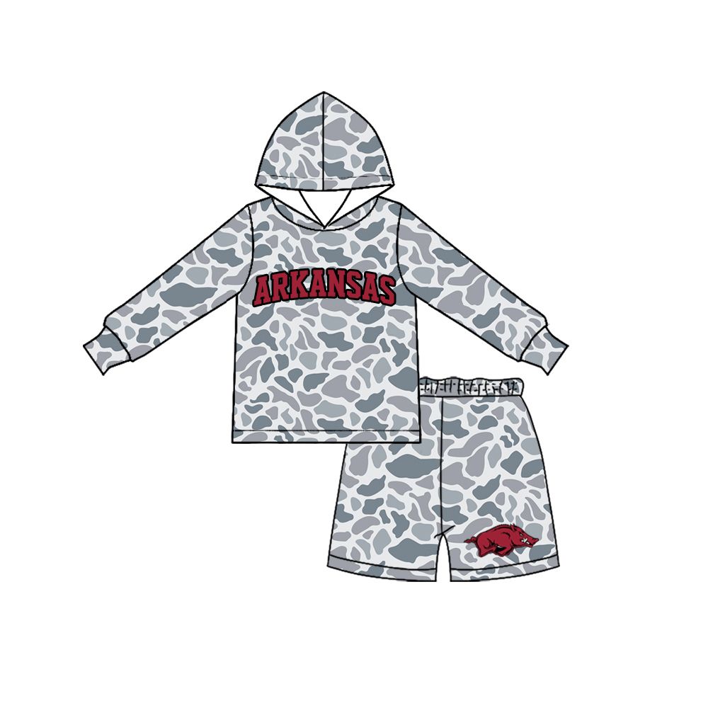 ( Moq 5 ) Preorder Baby Boy Kids Long Sleeves Grey Camo Hoodie Shirt Pig Shorts Team Set