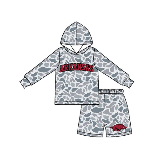 ( Moq 5 ) Preorder Baby Boy Kids Long Sleeves Grey Camo Hoodie Shirt Pig Shorts Team Set