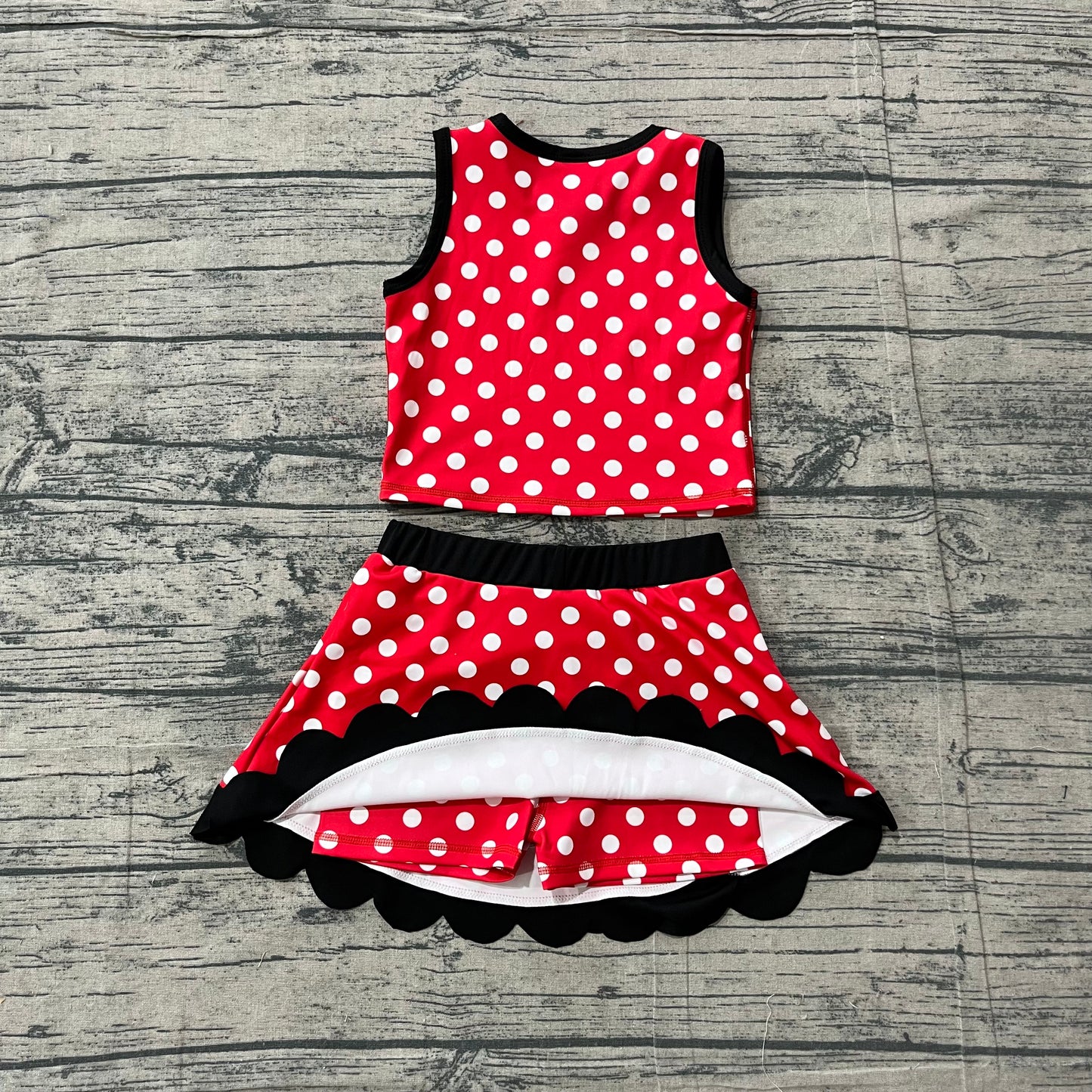 ( No moq ) Preorder Baby Girls Kids Dots Red Shirt Scallop Skirt Shorts Yoga Active Set Clothes