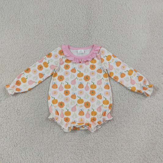 Baby Girls Infant Long Sleeve Pumpkins Bows Ruffle Bubble Romper RTS