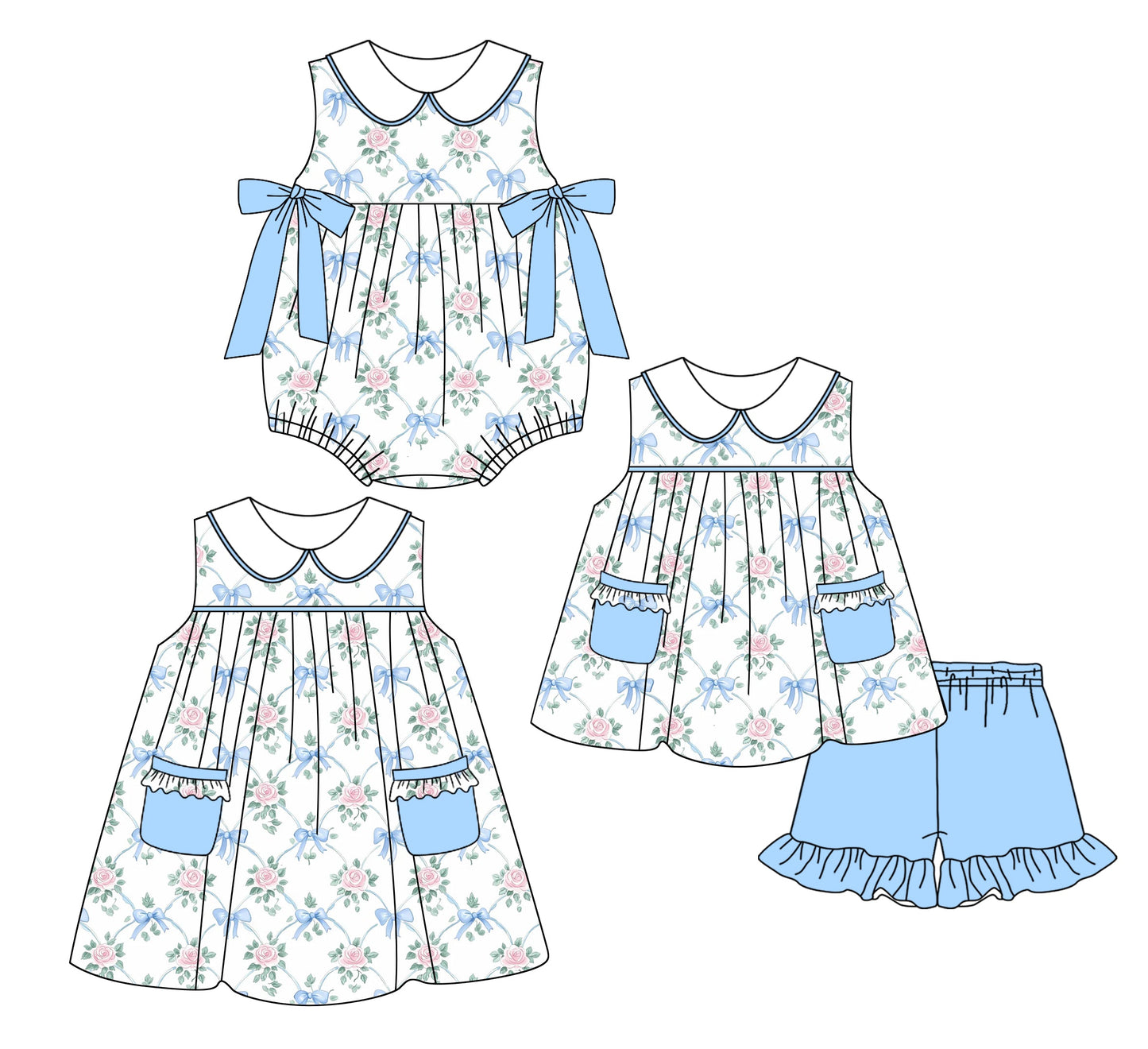 Baby Girl Flower Blue Blue Bows Sibling Romper Dress Set ( Moq 5 Each Style ) 2.21